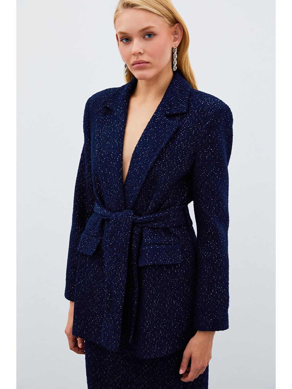 Kuşaklı Tüvit Ceket - Lacivert-5