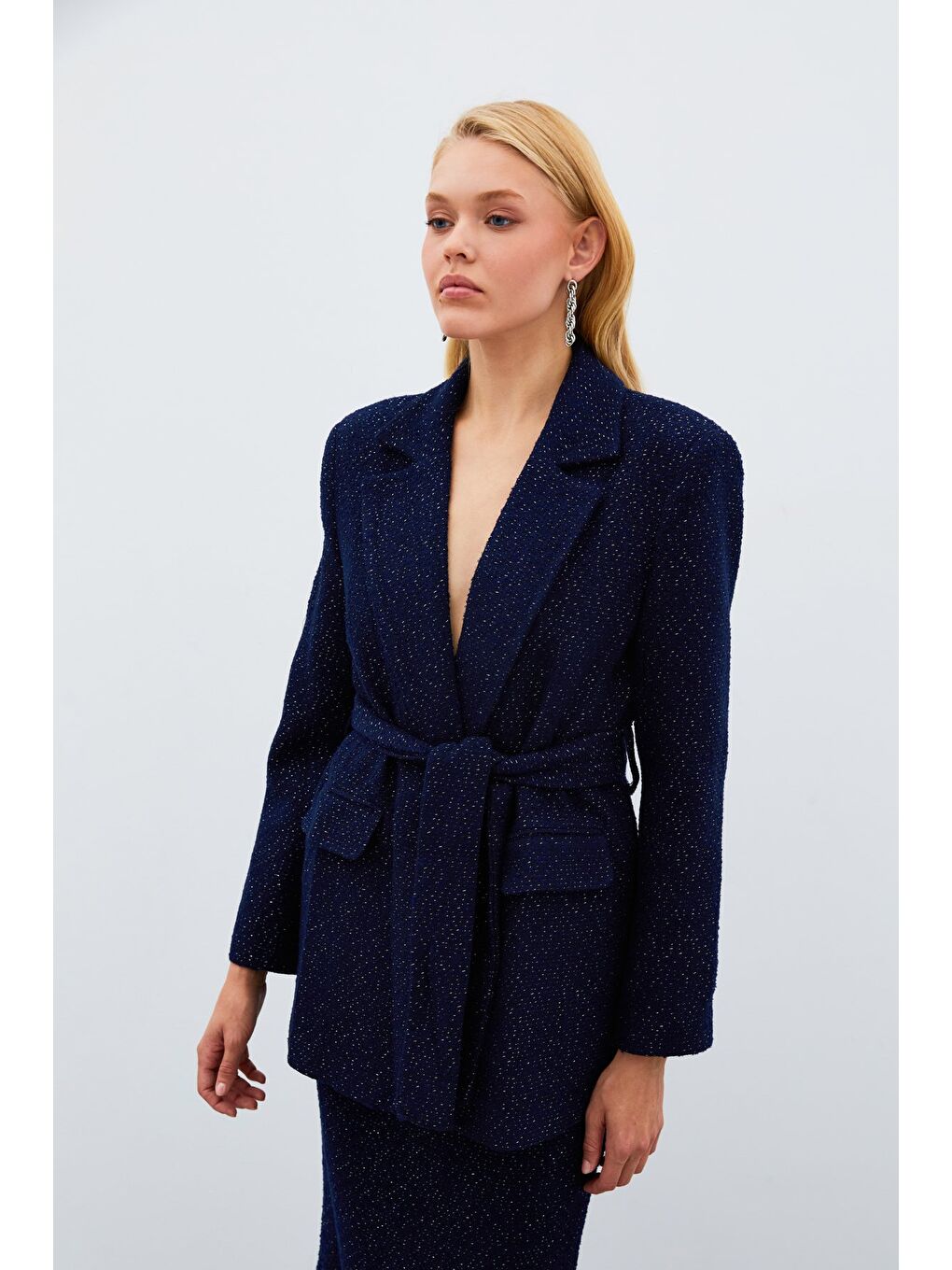 Kuşaklı Tüvit Ceket - Lacivert-6