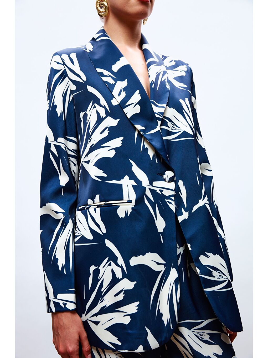 Desenli Salaş Saten Ceket - Lacivert-3