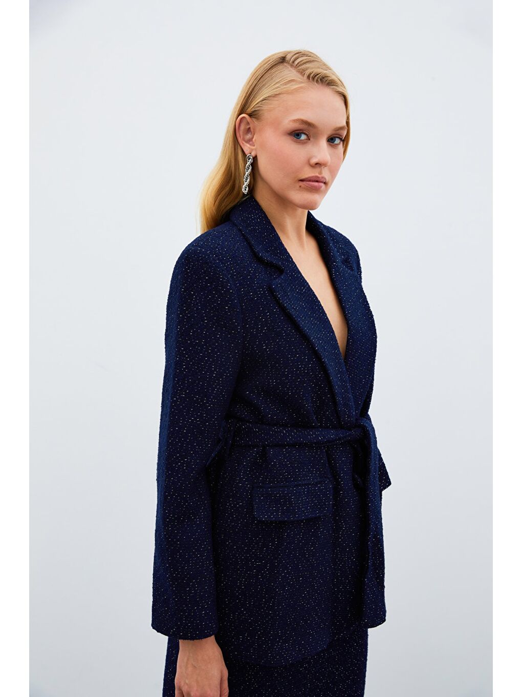 Kuşaklı Tüvit Ceket - Lacivert-7
