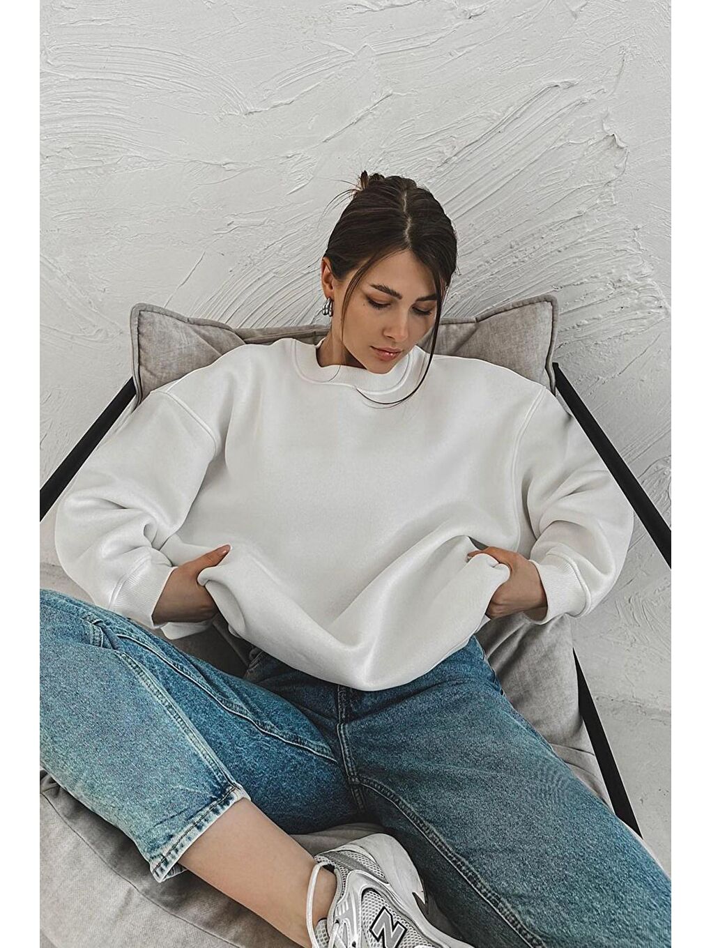 Ekru Bisiklet Yaka Basic Sweatshirt Mg1559-1