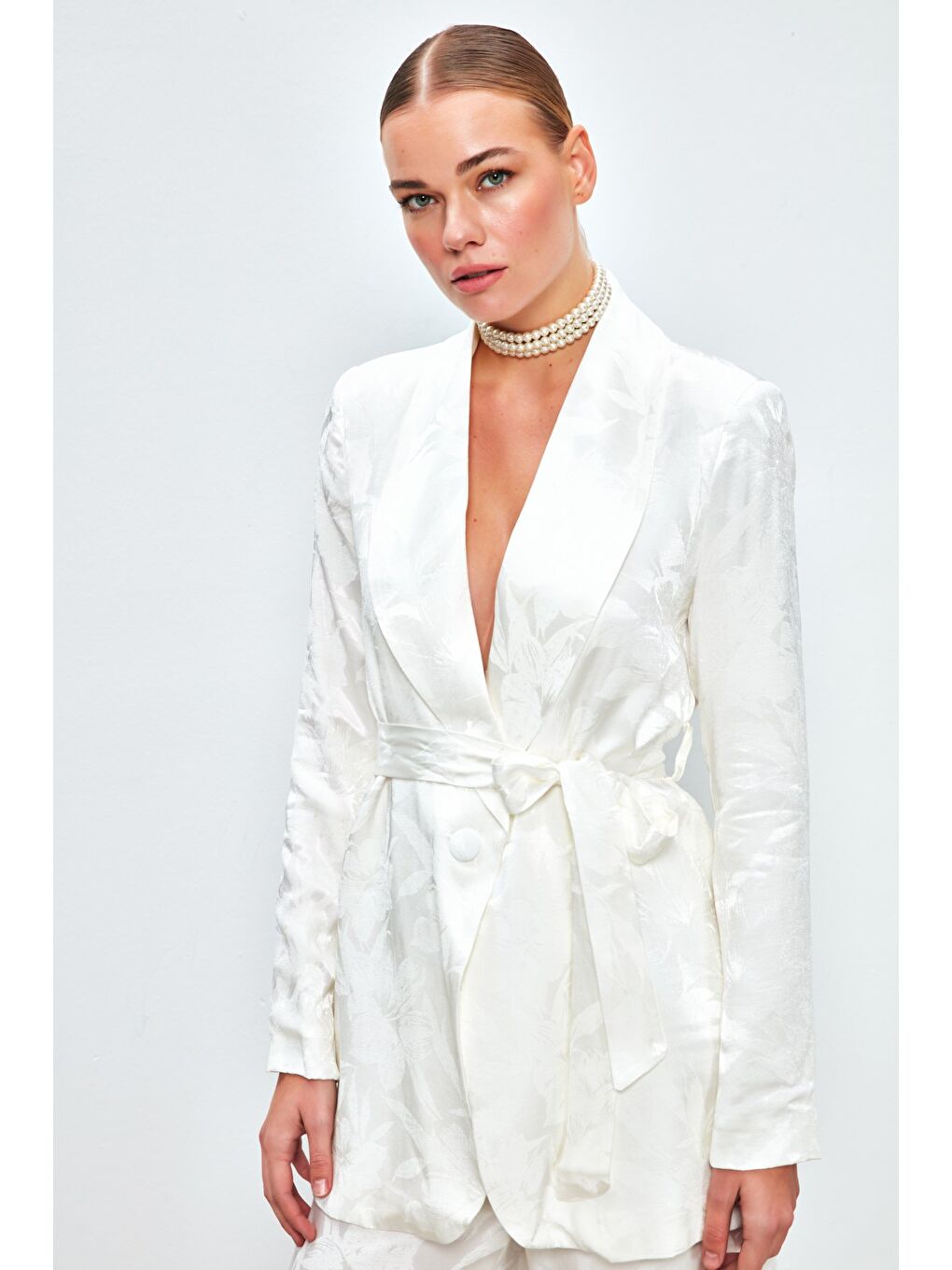 Desenli Uzun Ceket - Ekru