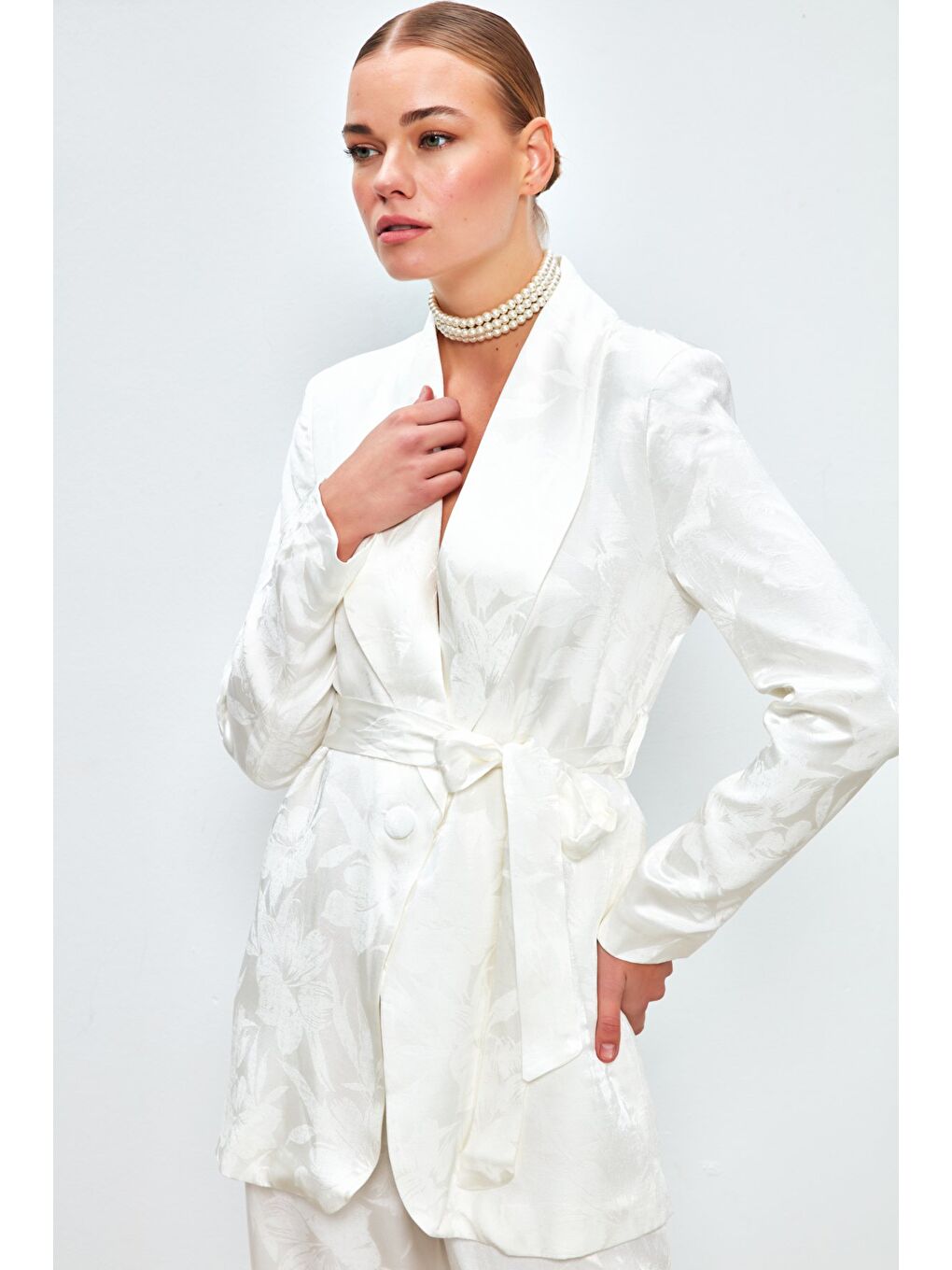 Desenli Uzun Ceket - Ekru-2