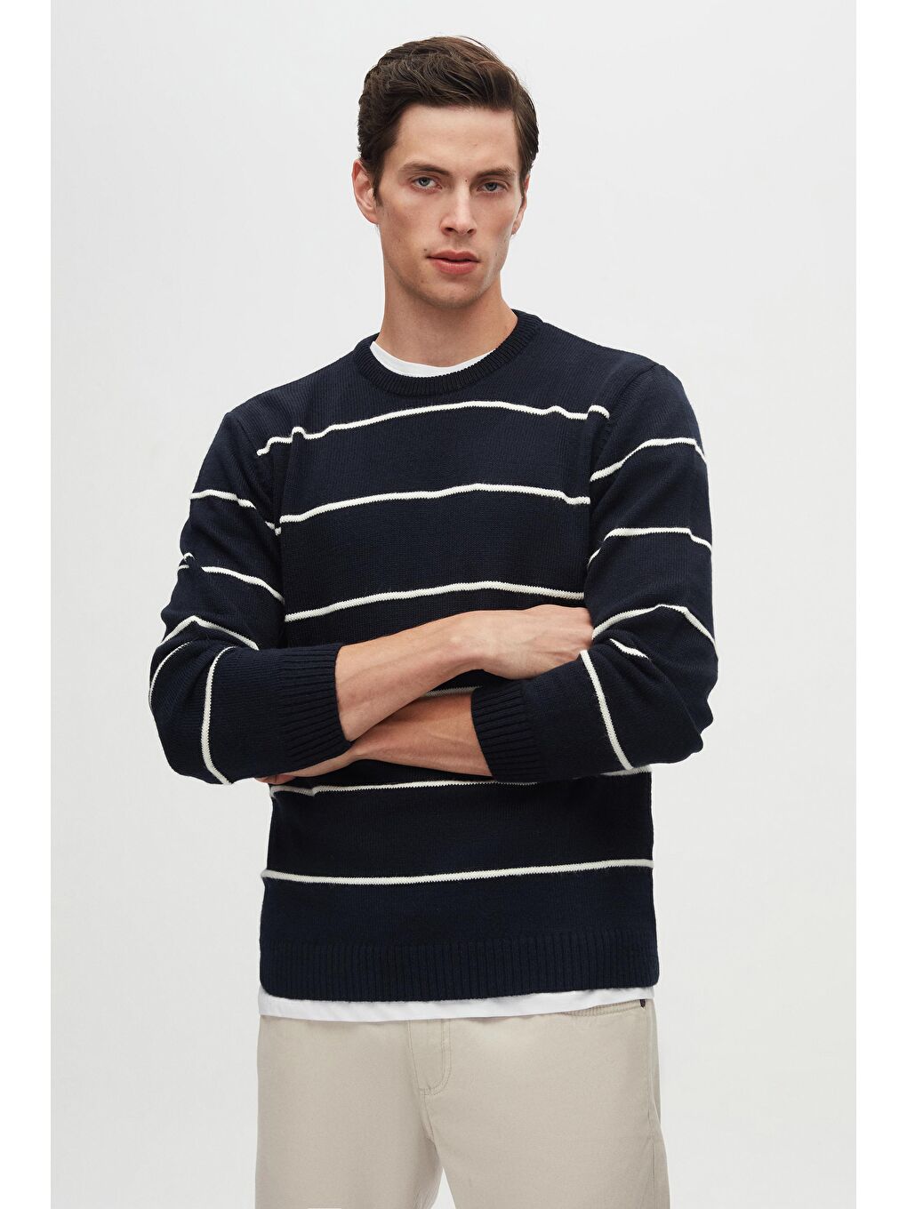 Regular Fit Lacivert Çizgili Tüylenme Yapmayan Bisiklet Yaka Triko Kazak