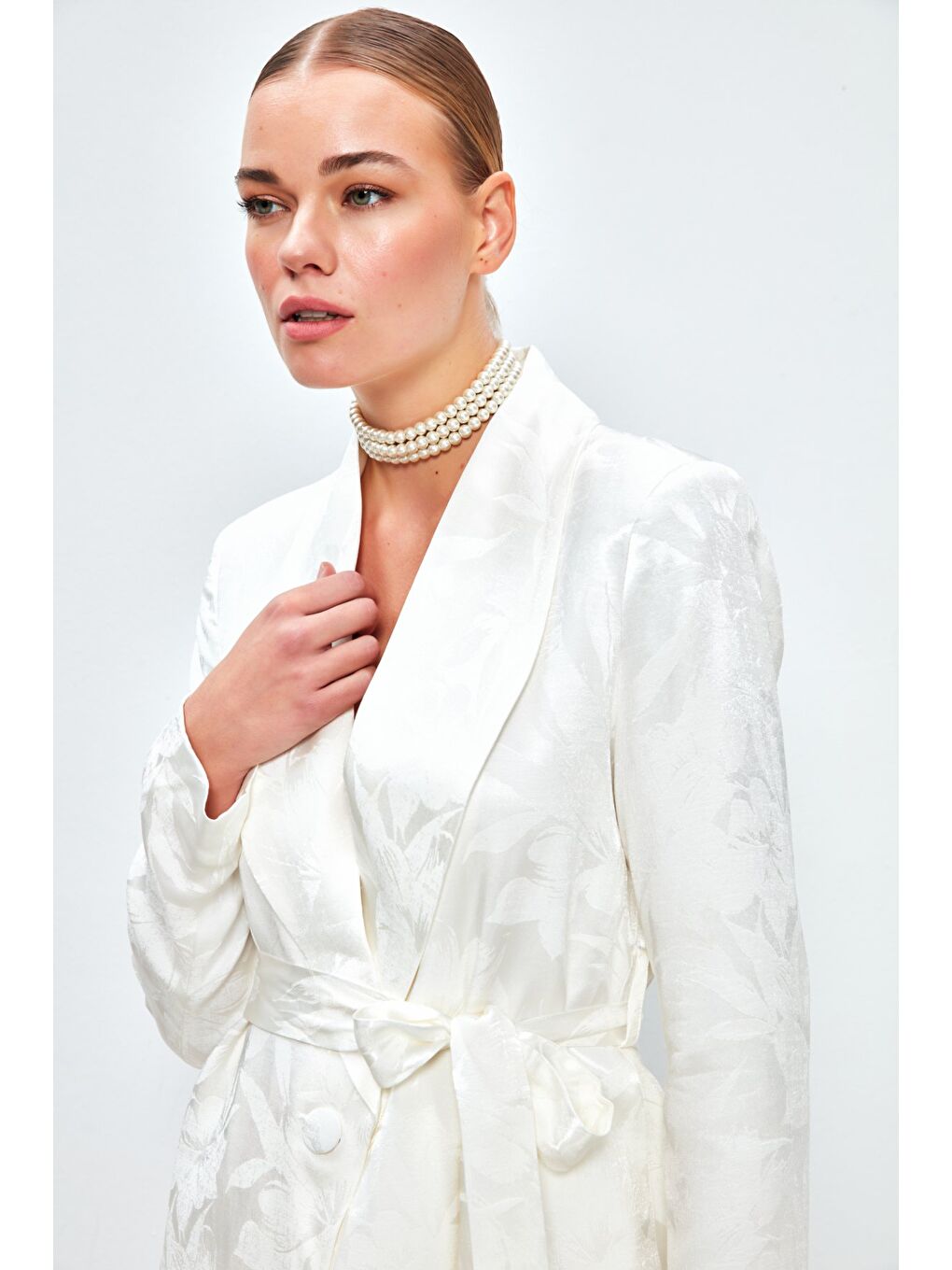 Desenli Uzun Ceket - Ekru-3