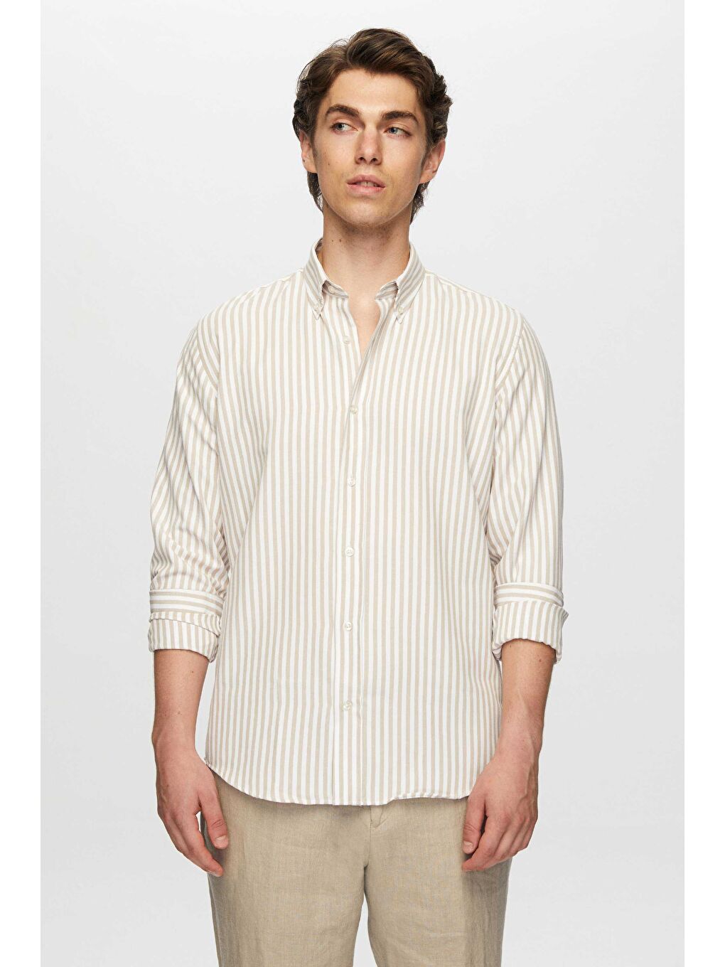 Slim Fit Bej Çizgili Gömlek-2