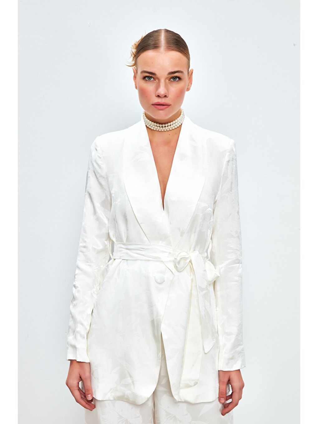 Desenli Uzun Ceket - Ekru-4