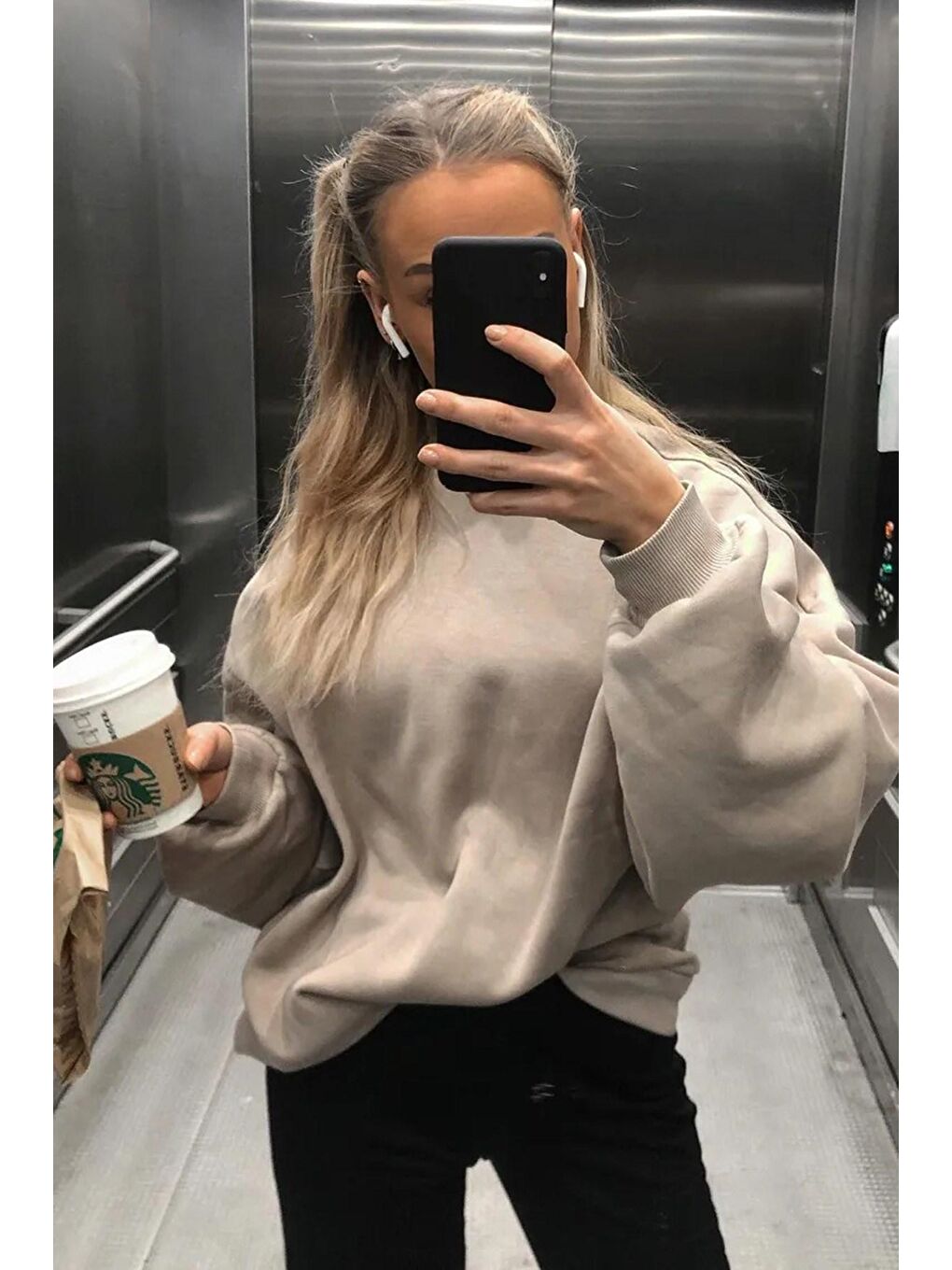 Bej Bisiklet Yaka Basic Sweatshirt Mg1559-1