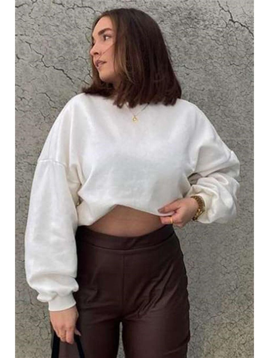 Ekru Bisiklet Yaka Basic Sweatshirt Mg1559-5