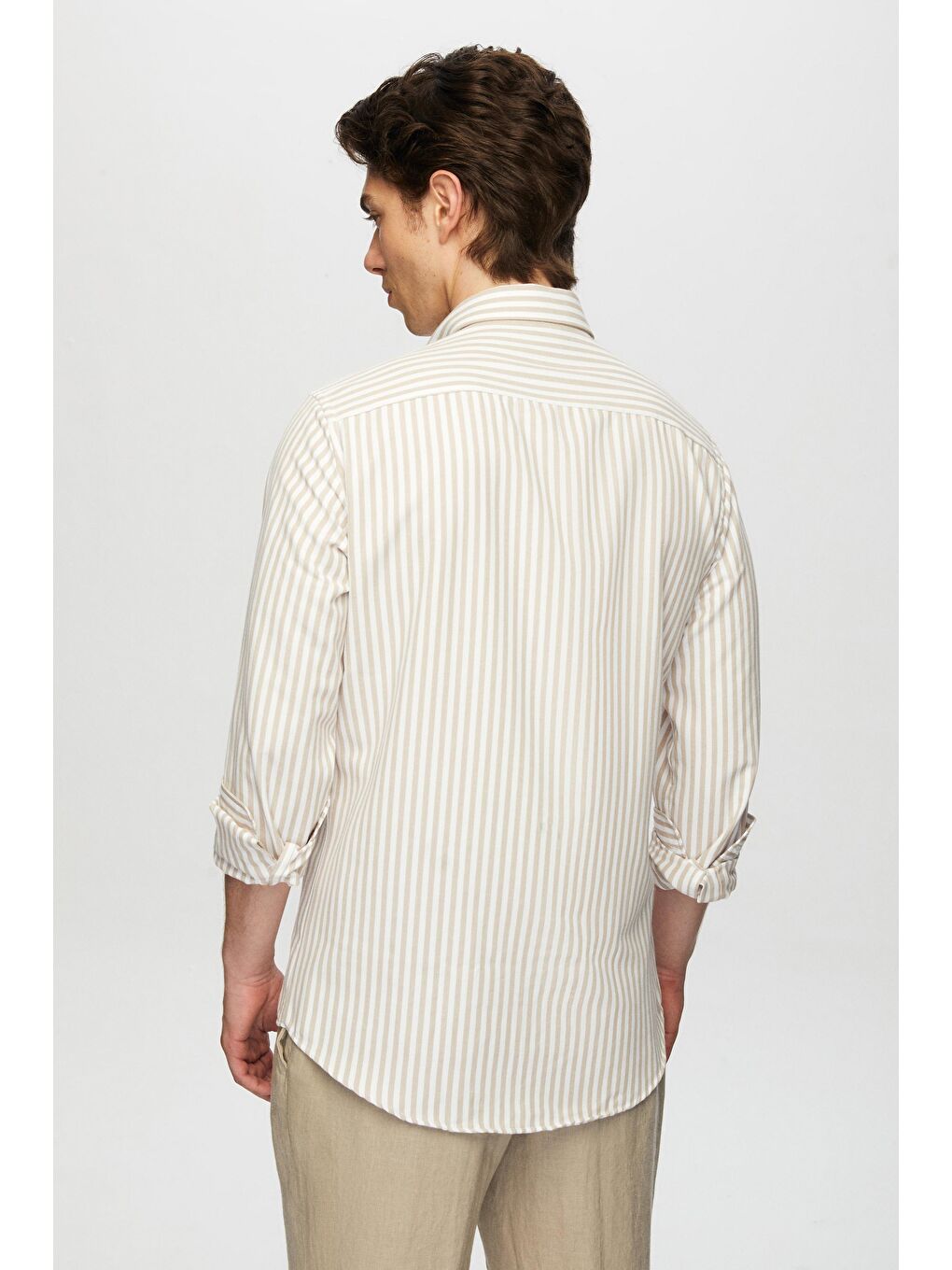 Slim Fit Bej Çizgili Gömlek-1