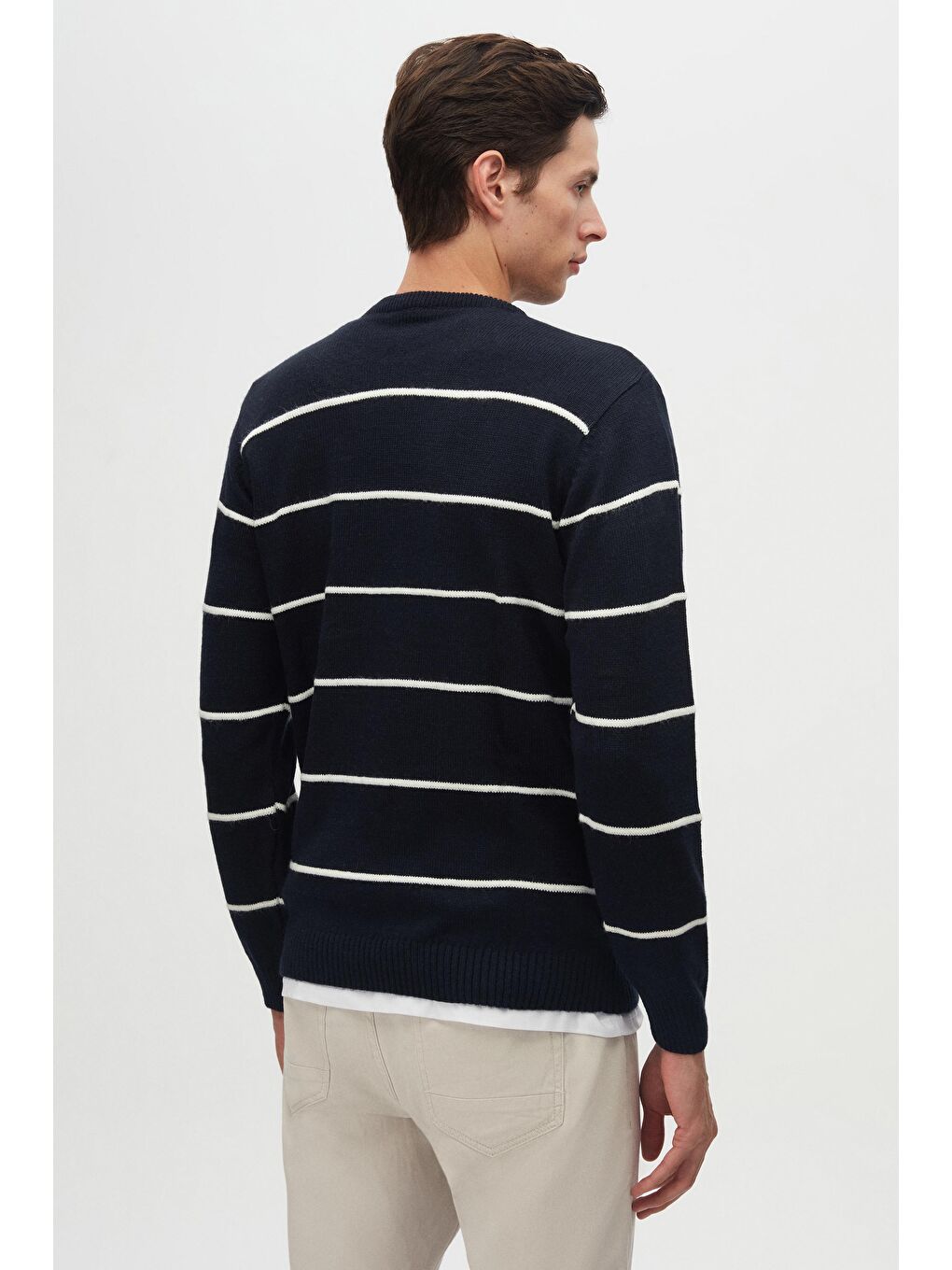 Regular Fit Lacivert Çizgili Tüylenme Yapmayan Bisiklet Yaka Triko Kazak-3