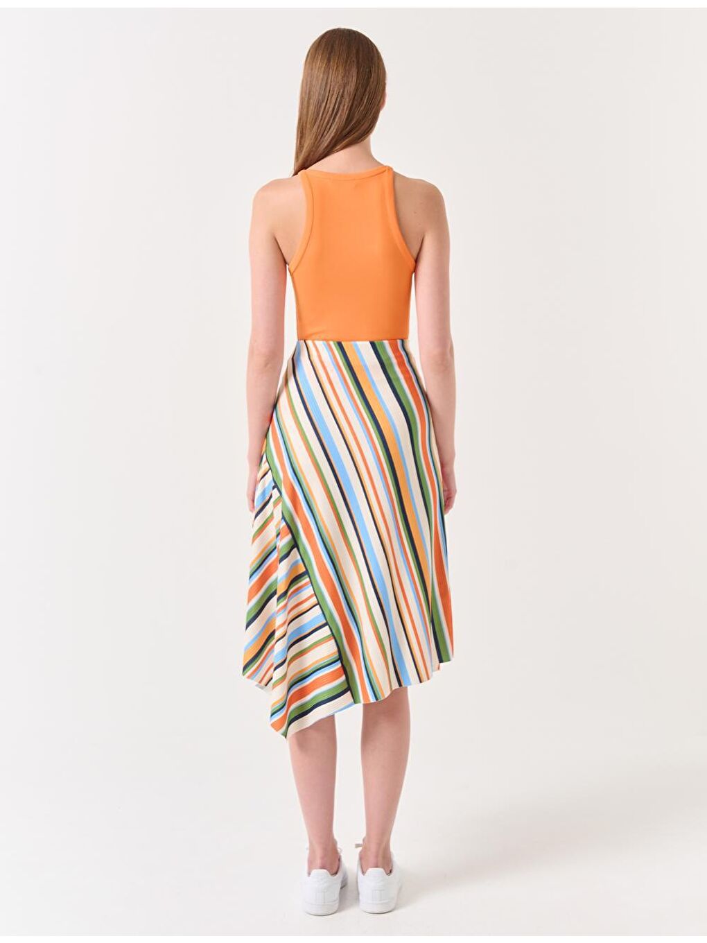 Karışık Bol Kesim Yüksek Bel Çizgi Desenli Asimetrik Etek-6