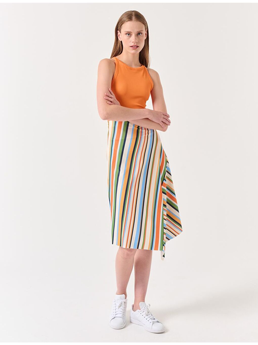 Karışık Bol Kesim Yüksek Bel Çizgi Desenli Asimetrik Etek-5