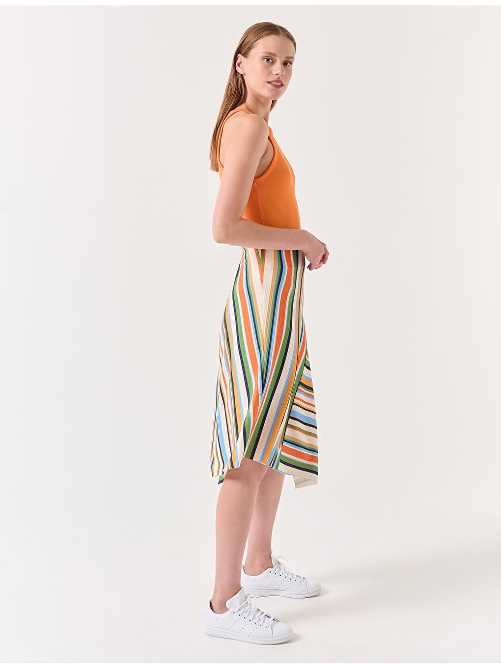 Karışık Bol Kesim Yüksek Bel Çizgi Desenli Asimetrik Etek-4