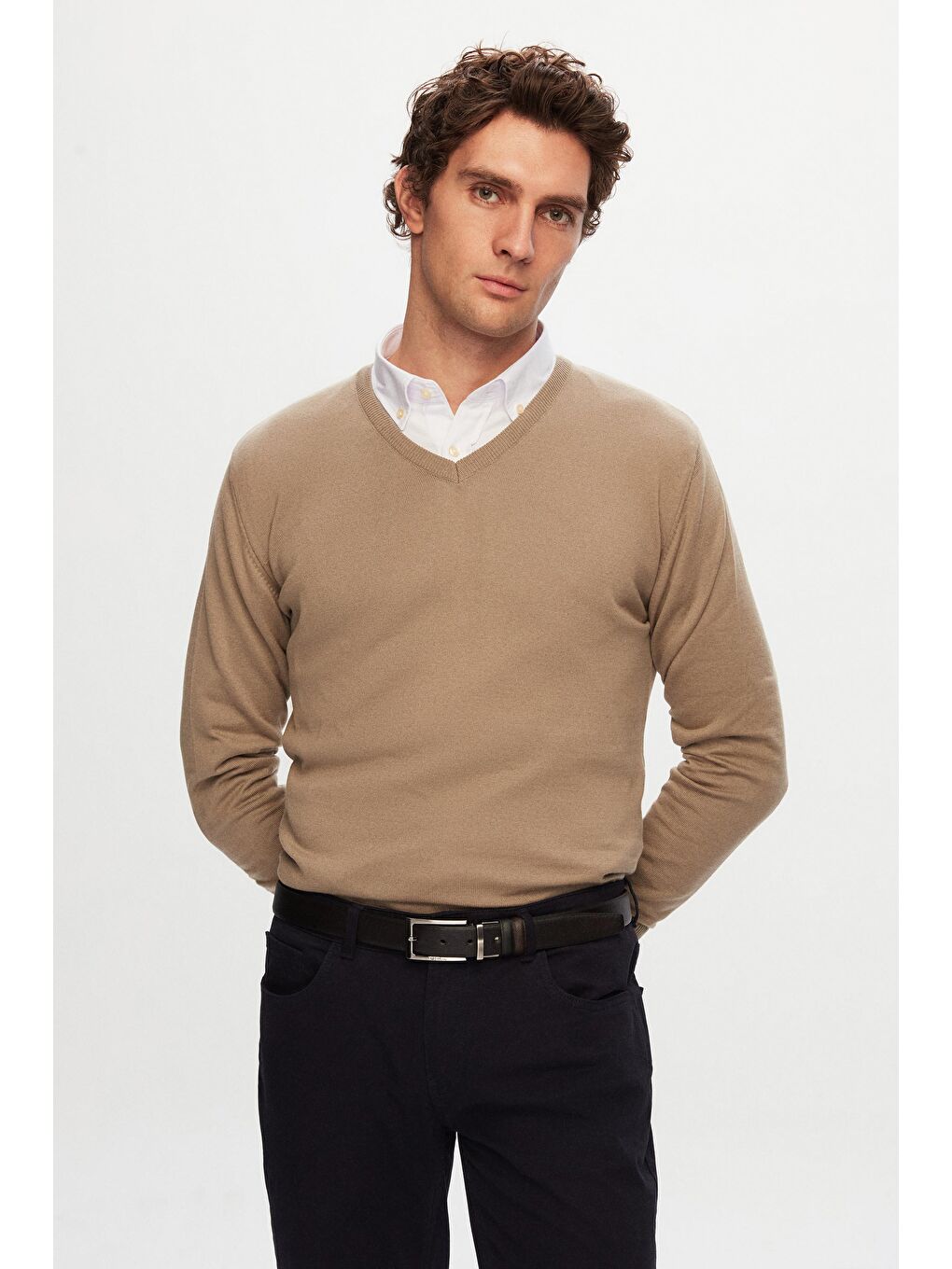 Slim Fit Bej Pamuk Karışımlı 2'Li V Yaka Triko Ve Gömlek-1
