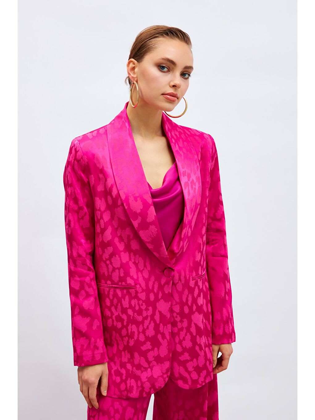 Geniş Desenli Saten Ceket - Fuşya-1