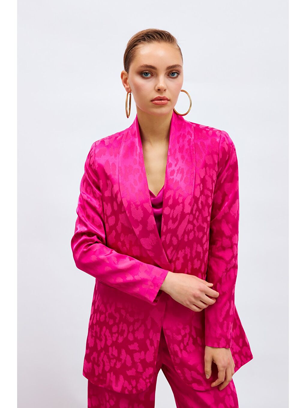 Geniş Desenli Saten Ceket - Fuşya-2