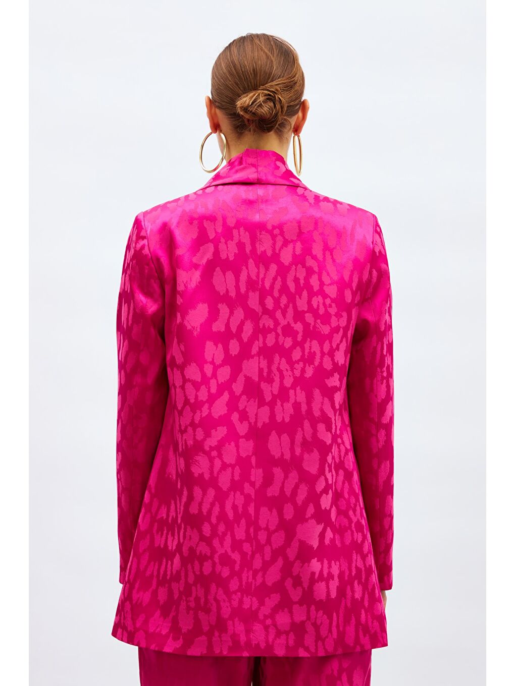 Geniş Desenli Saten Ceket - Fuşya-4