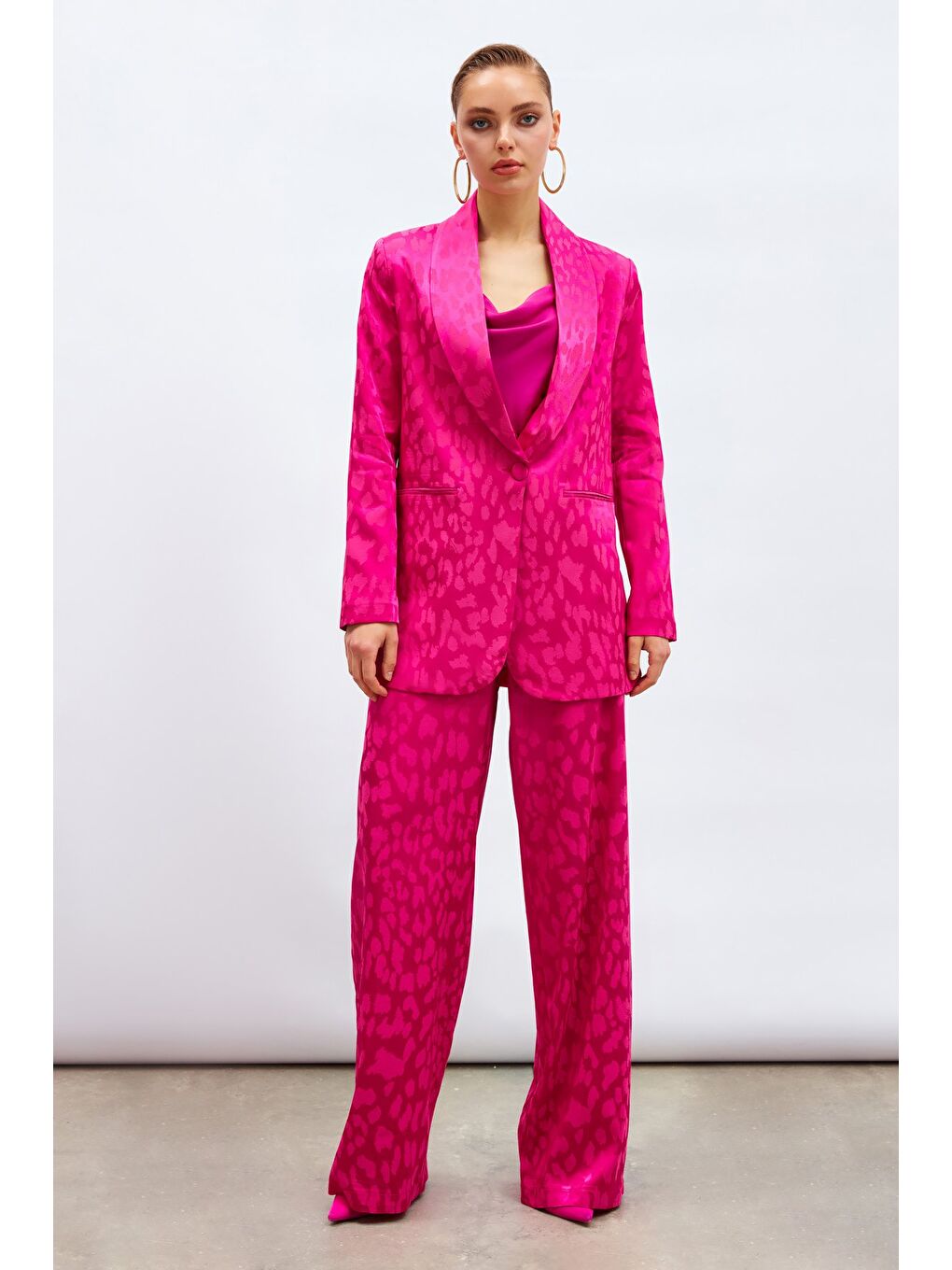 Geniş Desenli Saten Ceket - Fuşya-5