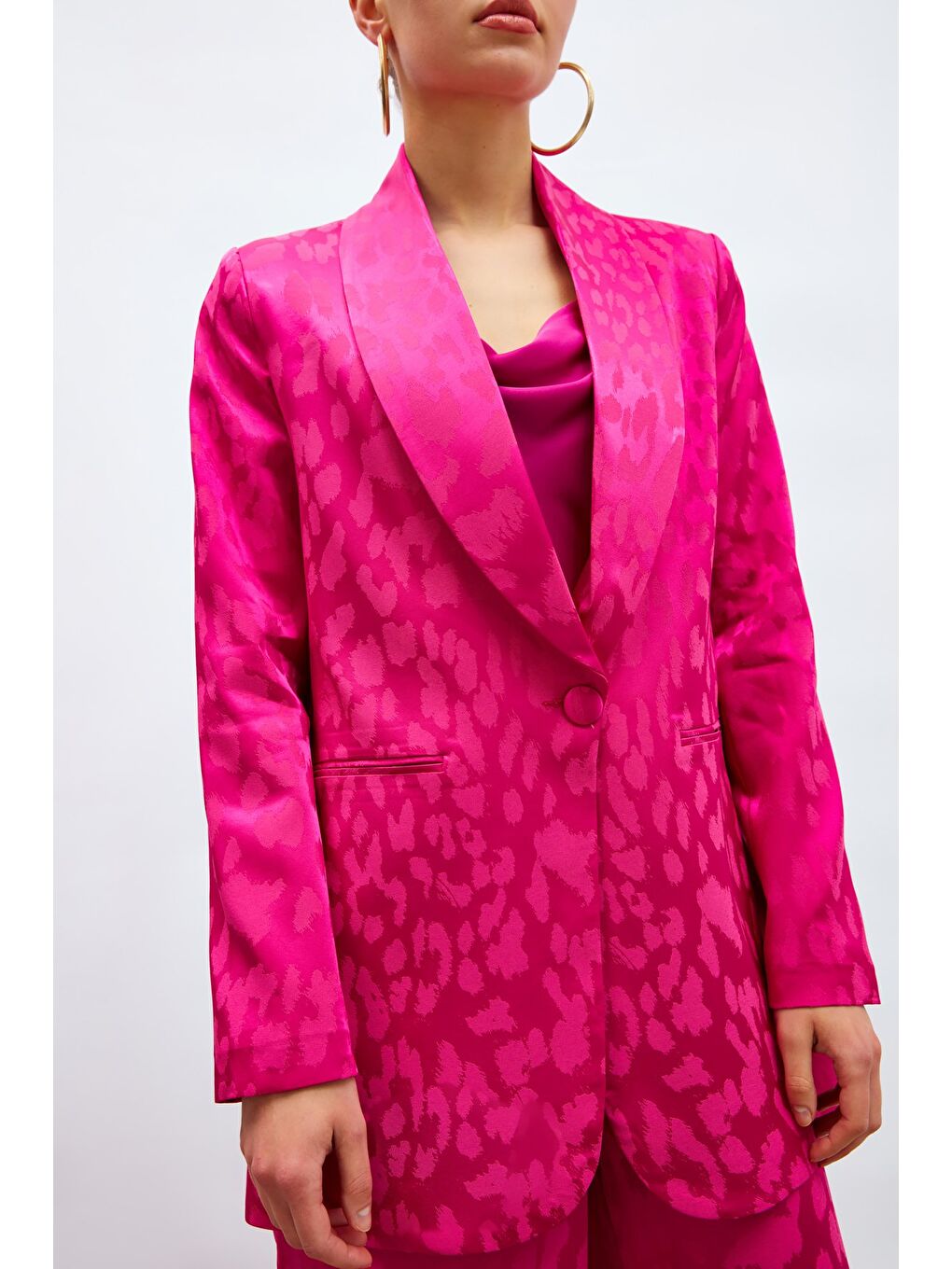 Geniş Desenli Saten Ceket - Fuşya-6