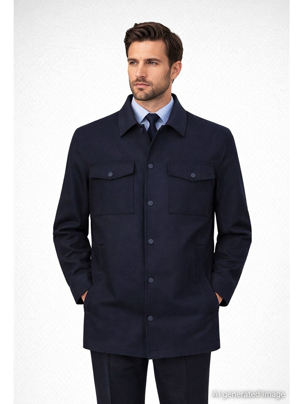 Lacivert Regular Fit Hakim Yaka Yünlü Kaşe Mont