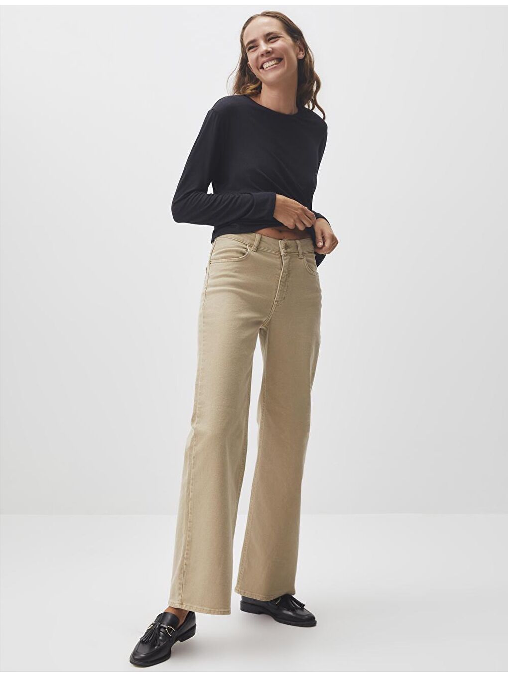 Bej Bol Paça Yüksek Bel Jean Pantolon