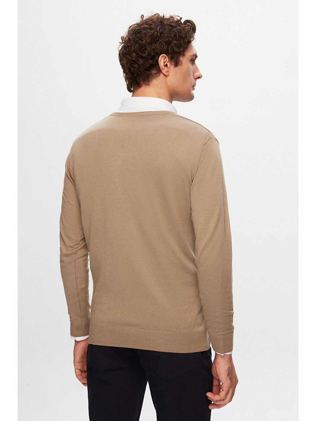 Slim Fit Bej Pamuk Karışımlı 2'Li V Yaka Triko Ve Gömlek-3