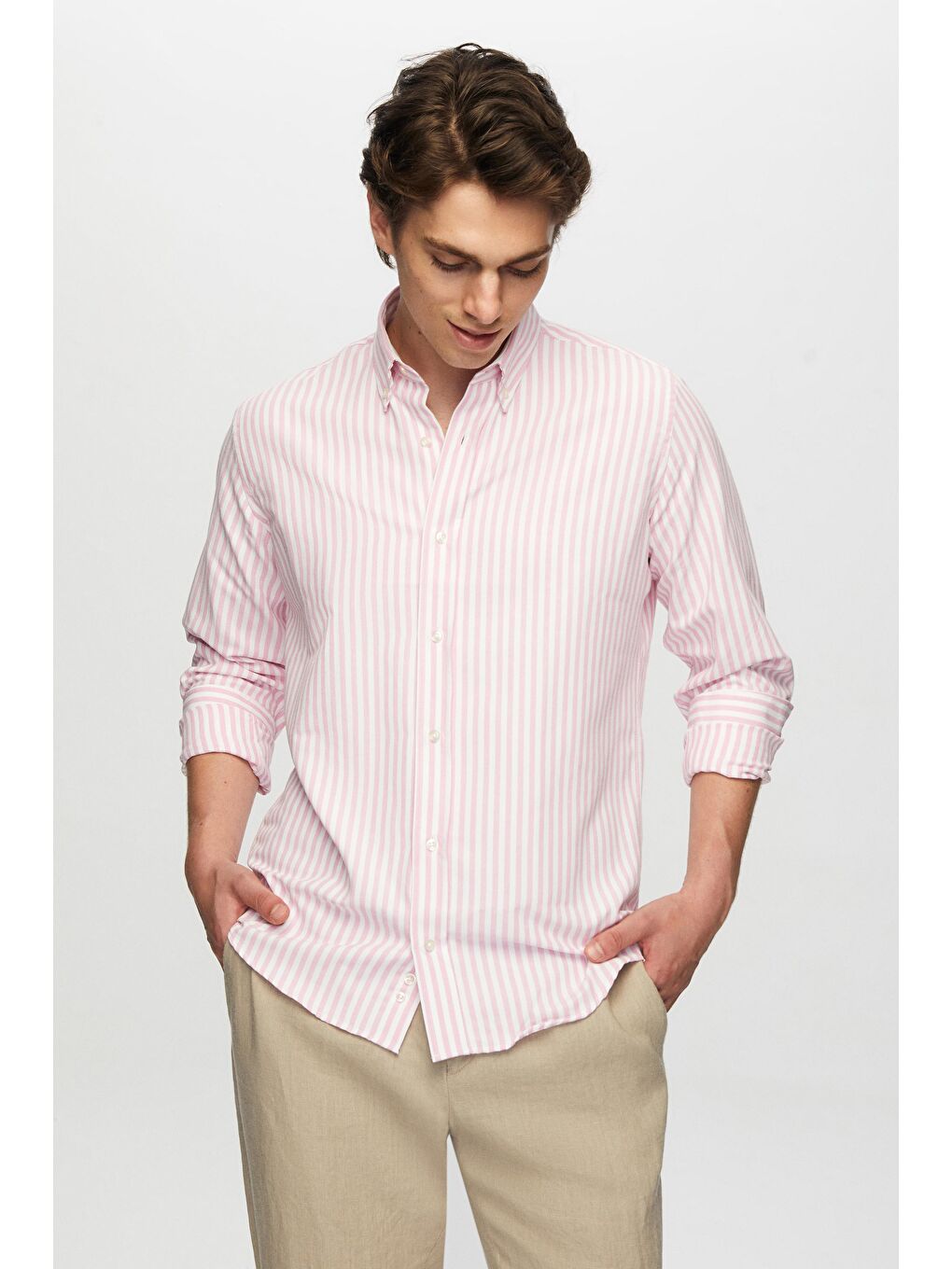 Slim Fit Pembe Çizgili Gömlek-2