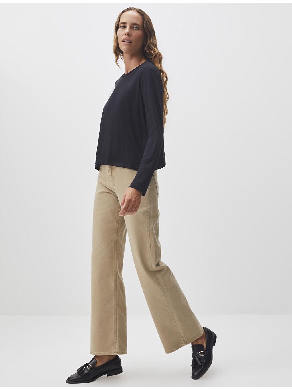 Bej Bol Paça Yüksek Bel Jean Pantolon-2