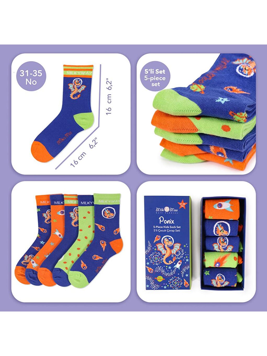 Karışık Ponix Çocuk 5'li Çorap Seti, 31-35 Numara, Yumuşak ve Eğlenceli Tasarım-8