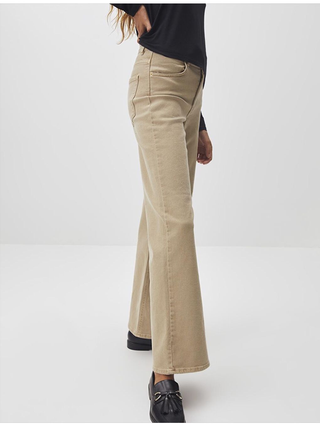 Bej Bol Paça Yüksek Bel Jean Pantolon-3