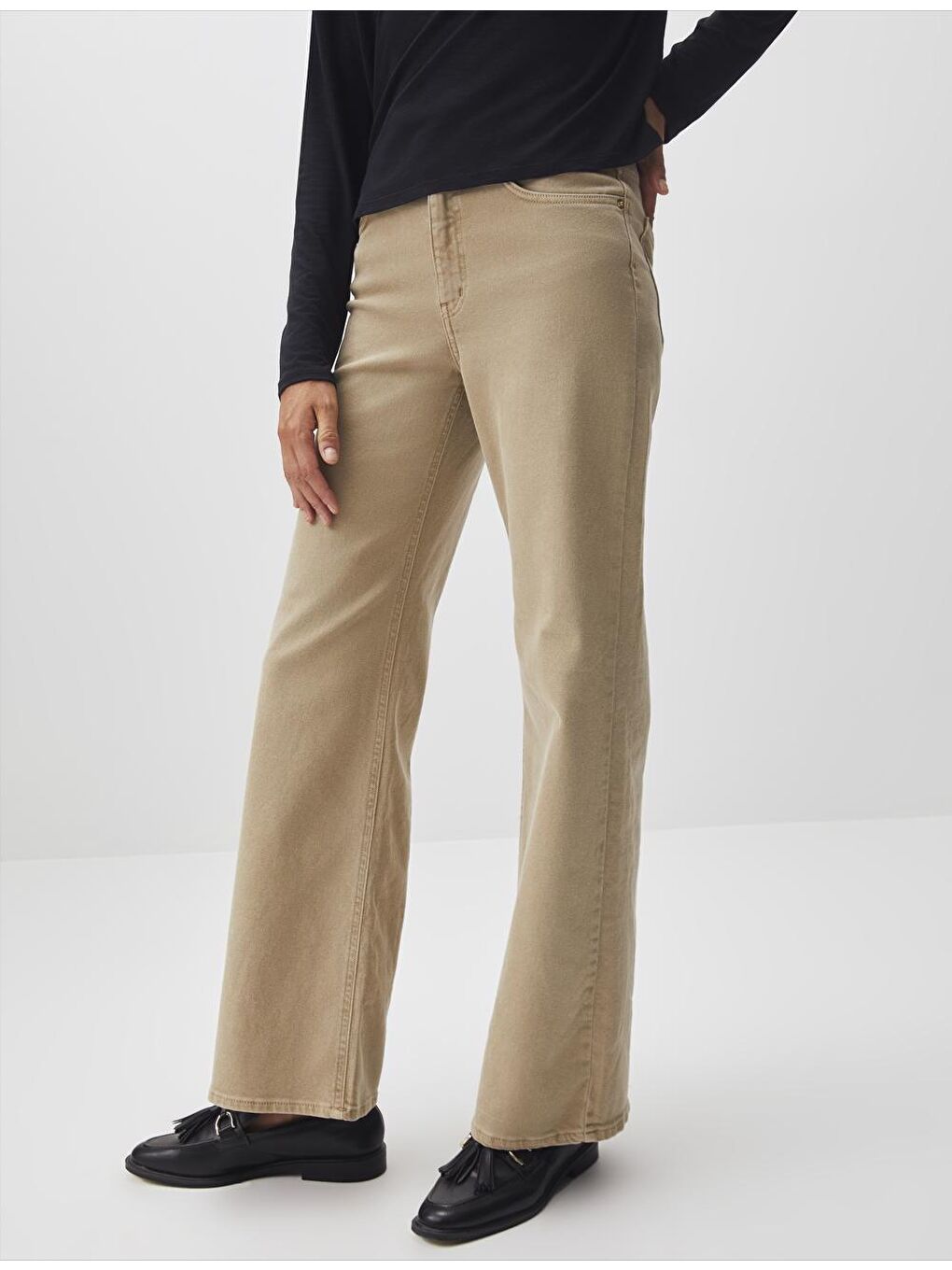 Bej Bol Paça Yüksek Bel Jean Pantolon-4