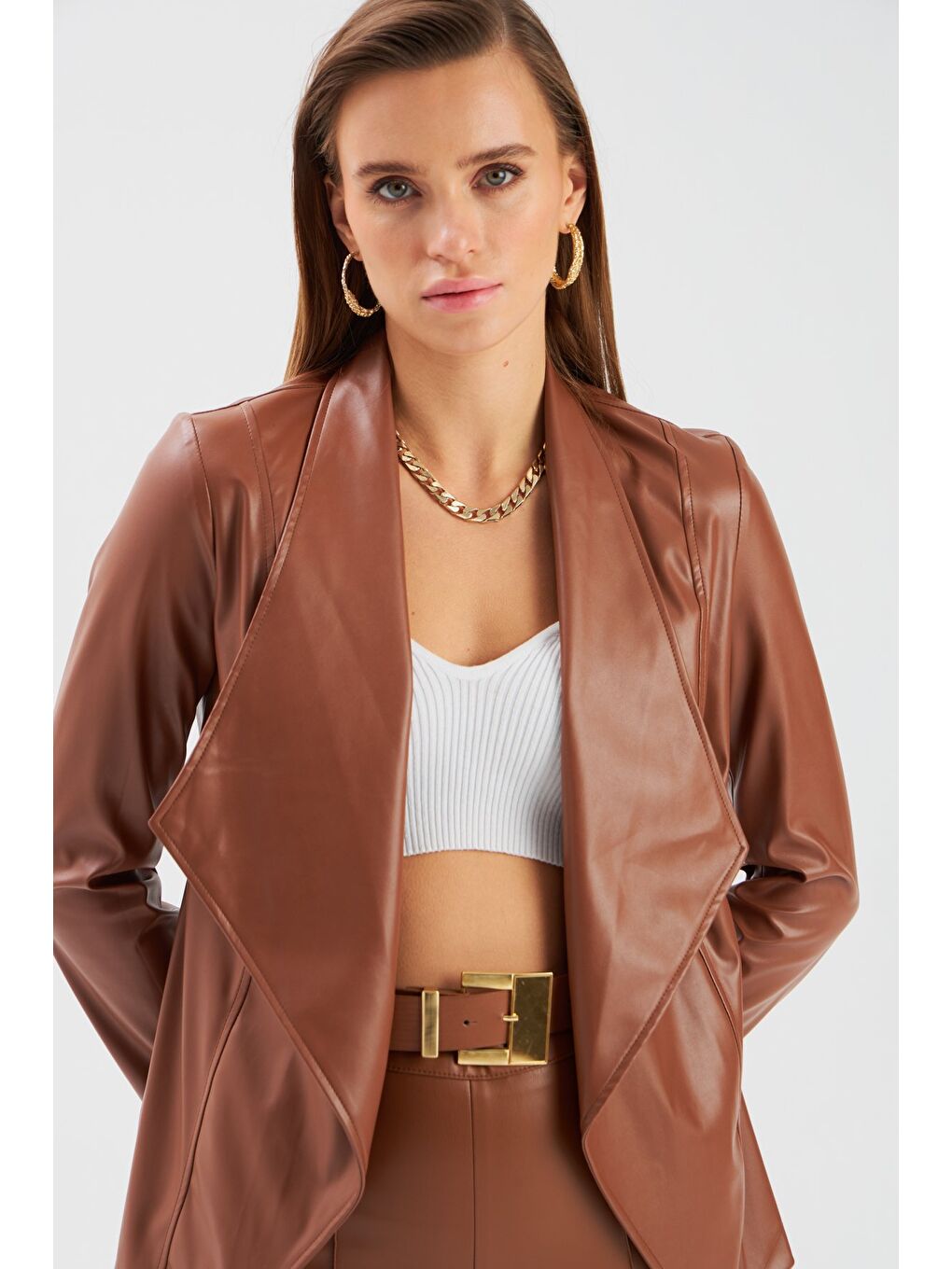 Kahverengi Geniş Yaka Deri Ceket - Kahve-1