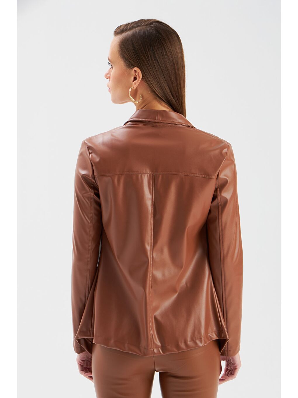 Kahverengi Geniş Yaka Deri Ceket - Kahve-2