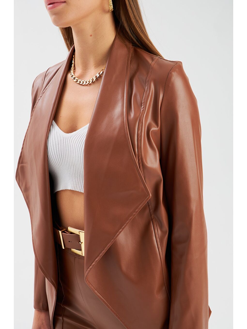 Kahverengi Geniş Yaka Deri Ceket - Kahve-3