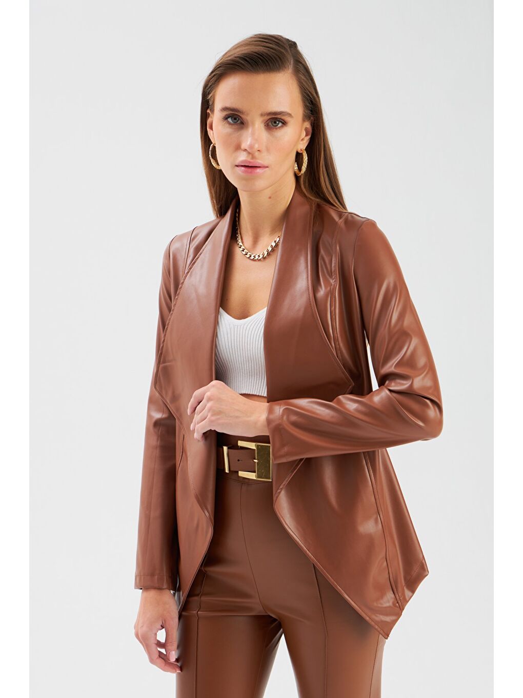 Kahverengi Geniş Yaka Deri Ceket - Kahve-4
