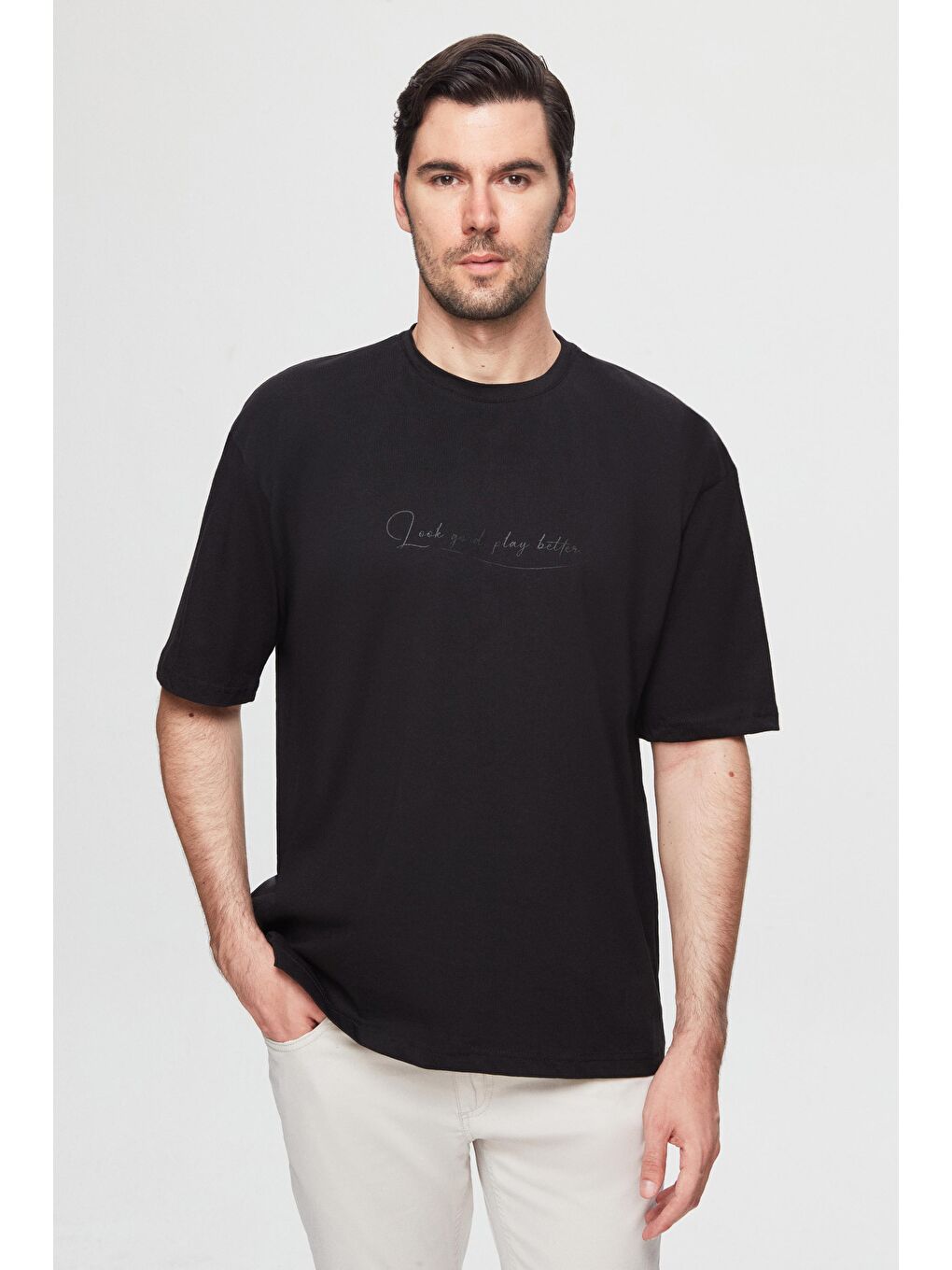 Oversize Siyah Baskılı %100 Pamuk Tişört