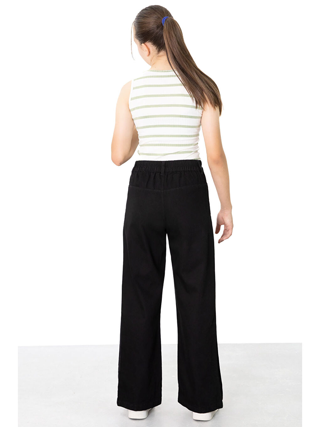 Siyah Geniş Paça Yanları Şeritli Kız Çocuk Jean Pantolon 21123-3