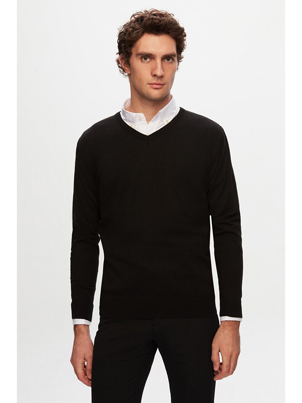 Slim Fit Siyah Pamuk Karışımlı 2'Li V Yaka Triko Ve Gömlek-1