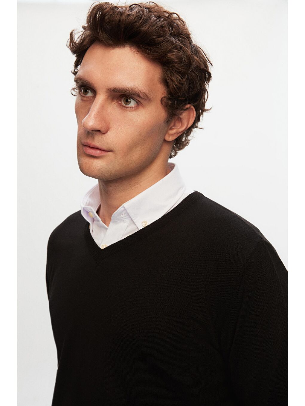 Slim Fit Siyah Pamuk Karışımlı 2'Li V Yaka Triko Ve Gömlek-2