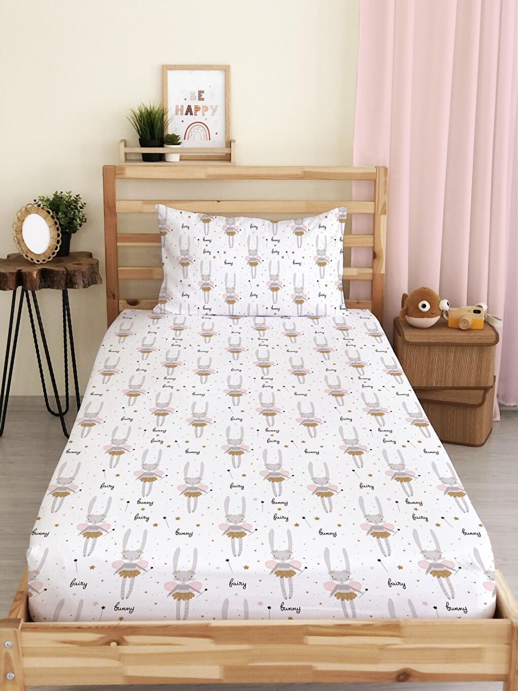 Karışık Tavşan Desen Baskılı Tek Kişilik Lastikli Çarşaf Seti Beyaz 100x200 cm