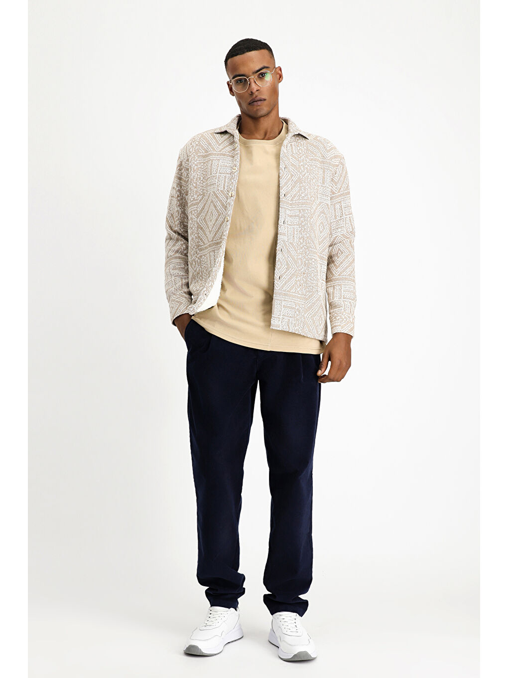 Bej Uzun Kol Oversize Desenli Kürklü Pamuklu Gömlek / Mont-3