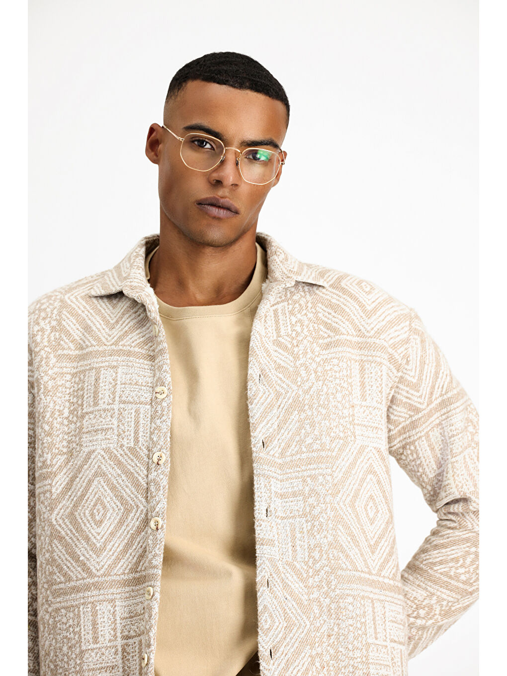 Bej Uzun Kol Oversize Desenli Kürklü Pamuklu Gömlek / Mont-4