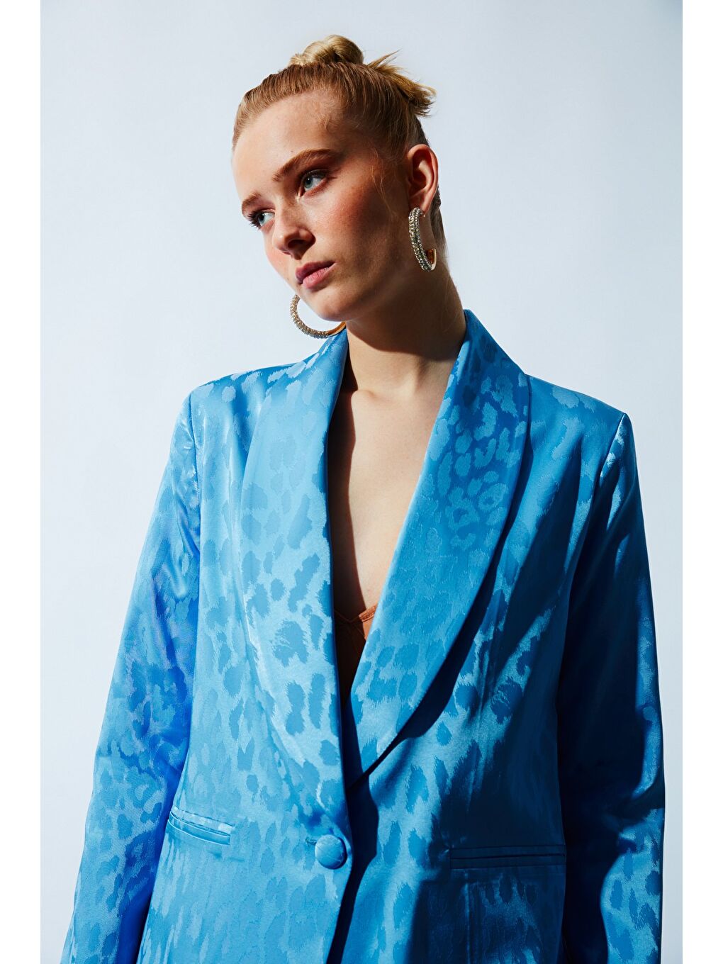 Geniş Desenli Saten Ceket - Mavi-3