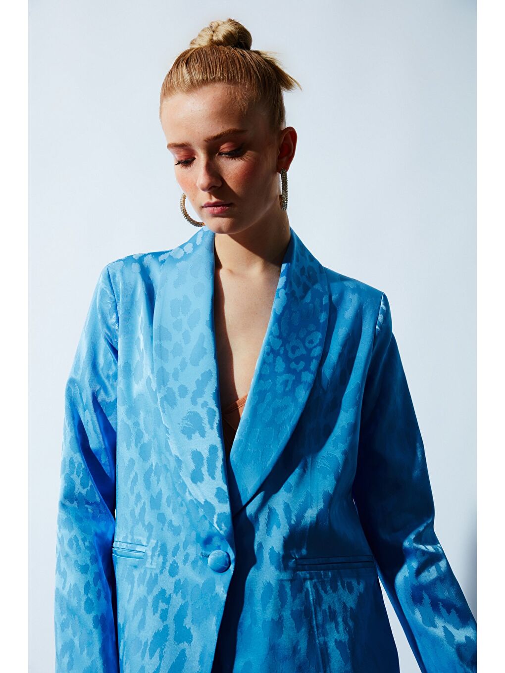 Geniş Desenli Saten Ceket - Mavi-4