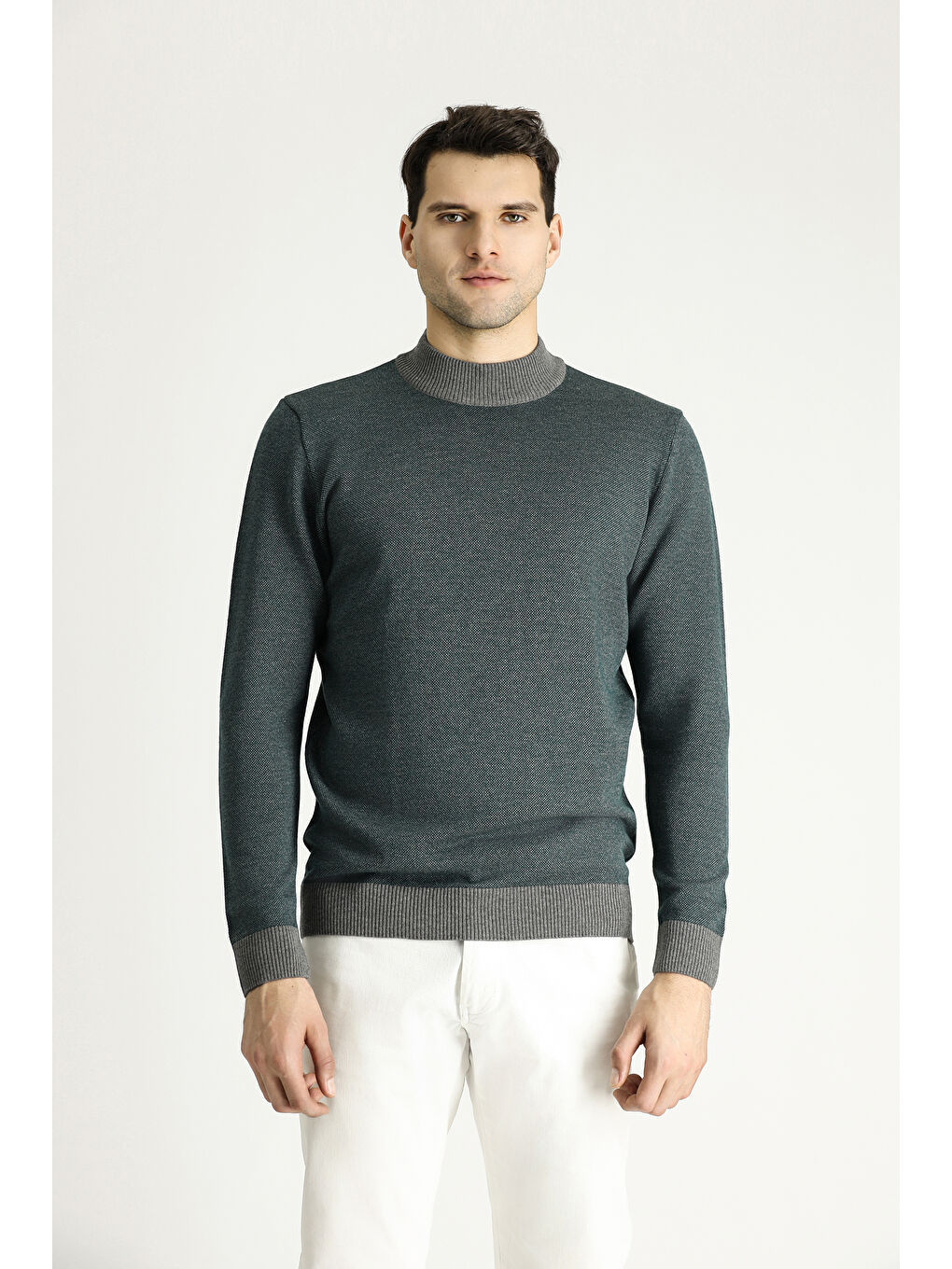 Gri Bato Yaka Slim Fit Dar Kesim Desenli Triko Kazak-2