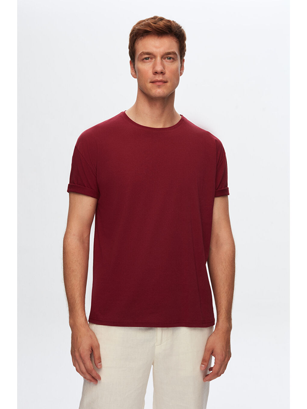 Oversize Bordo Bisiklet Yaka %100 Pamuk Tişört-1