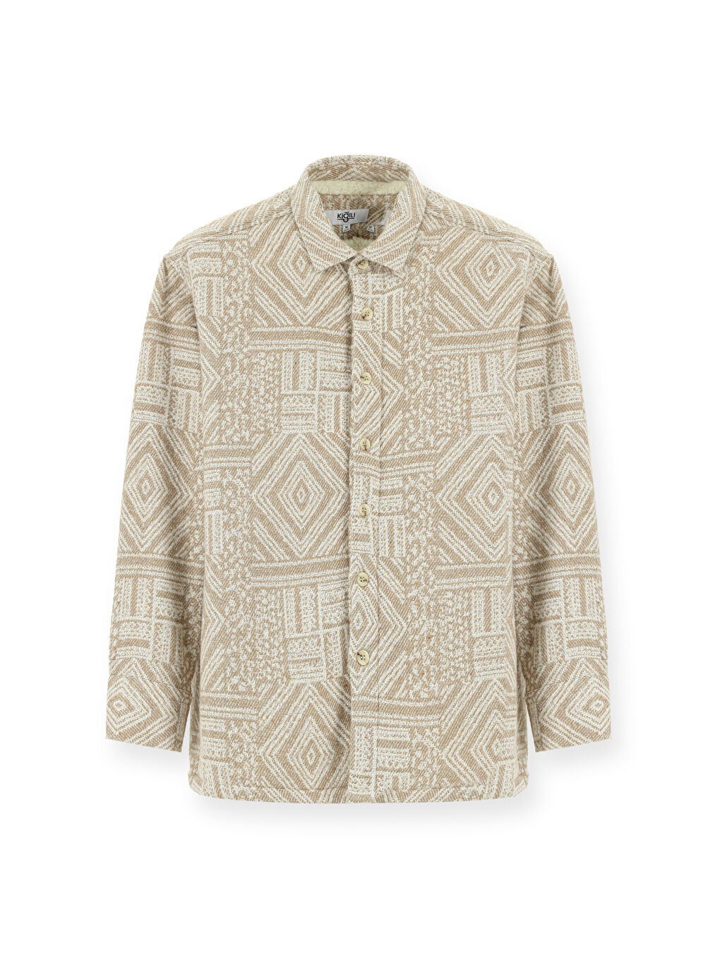 Bej Uzun Kol Oversize Desenli Kürklü Pamuklu Gömlek / Mont-6