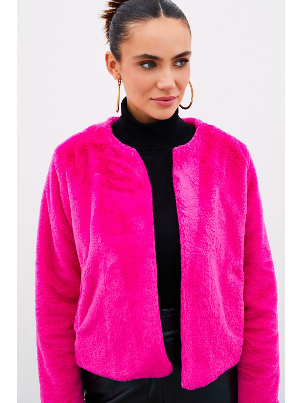 SATEEN Yakasız Pelüş Ceket   Fuşya - 4