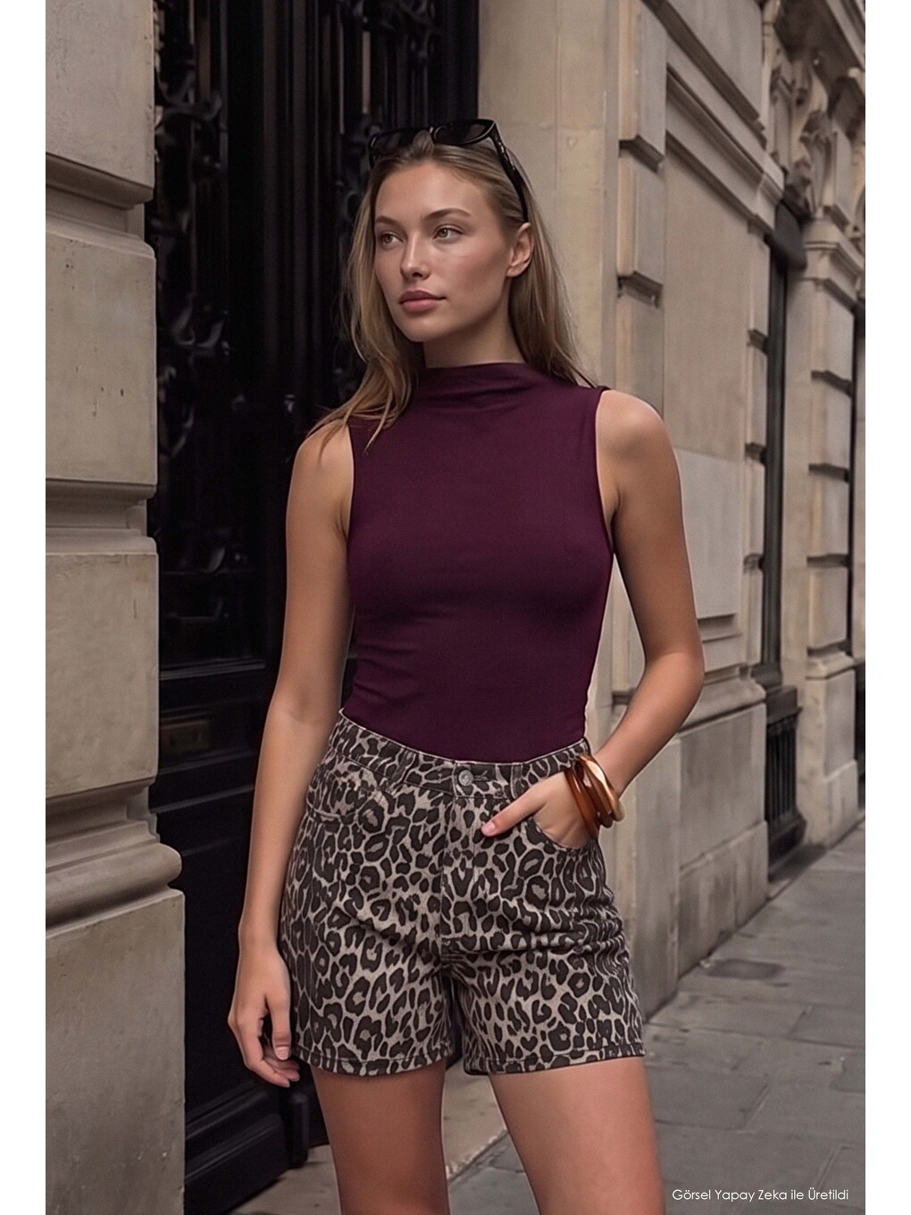 Kahverengi Kadın Leopar 1w6-26 Midi Relax Fit Denim Şort